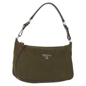 Authentic PRADA Shoulder Bag Nylon Leather Khaki Silver